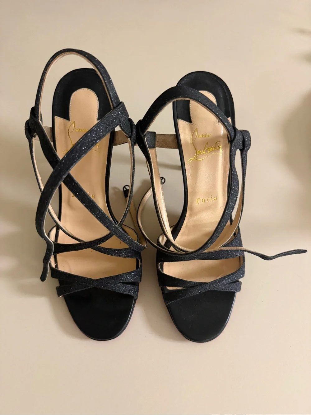 Authentic Christian Louboutin Glitter Audrey Sandals 38 1/2 Black